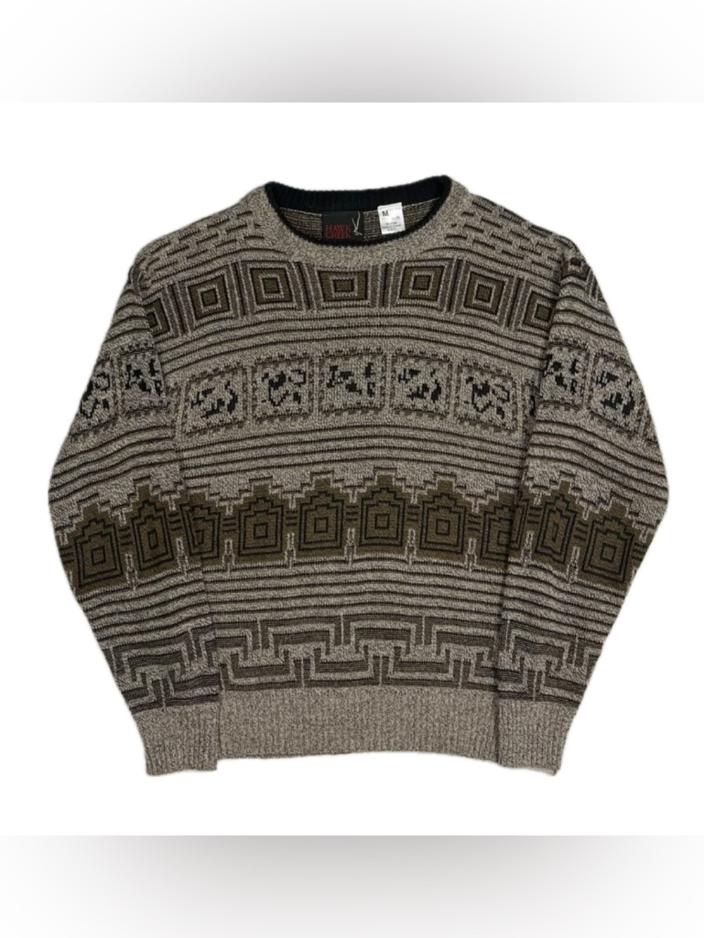 Vintage Hawk Creek acrylic brown tan Peruvian knit crewneck sweater men’s medium